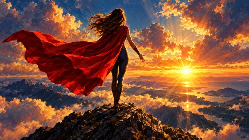 A caped heroine stands on a mountain peak at sunset, red cape billowing in the wind.